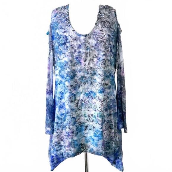 Tops - Belle Epoque Flowy Floral Lace Cold Shoulder Stretch Tunic Top Size XL